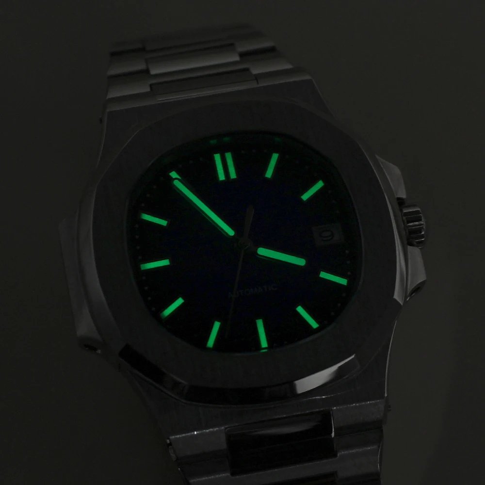 NH35 Movement Assembled Watch Modified Nautilus Model 316L Stainless Steel Case Rubber Strap Luminous Dial