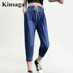 Mujer calle pierna ancha hasta el tobillo Jogger Jeans mamá 4XL verano holgado novio Capri cordón cintura elástica Denim Harem pantalones