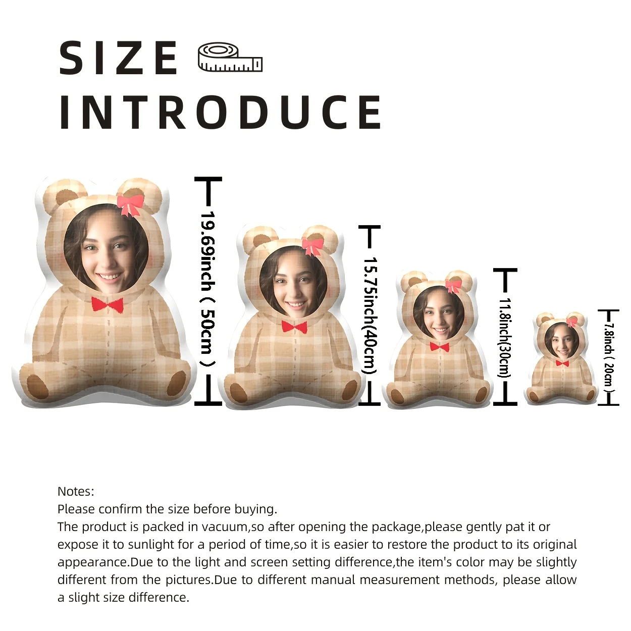 Checkered khaki teddy bear portrait custom pillow, double-sided printing, pillow DIY custom birthday gift, customized for friend