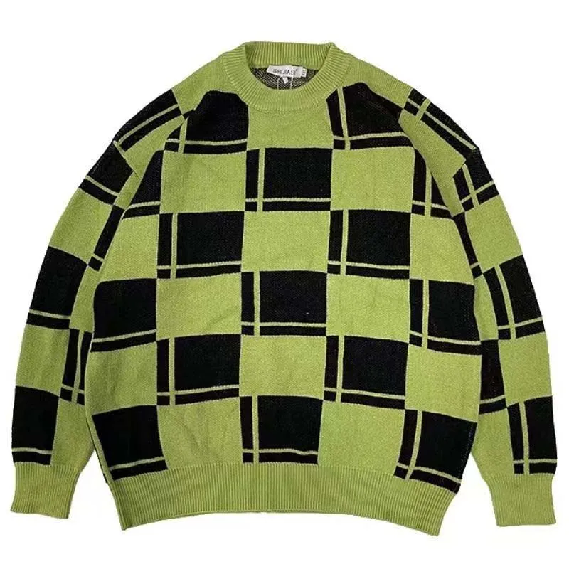 Korean Ins Vintage Green Checkerboard Jacquard Loose Knitwear Long Sleeve Sweater Men\'s And Women\'s Trend