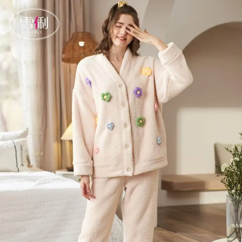 

Women Pajama Set Comfortable Sleepwear Coral Fleece Half Fleece Cute Thickened Flannel Home Clothes for Girls Warm Autumn Winter