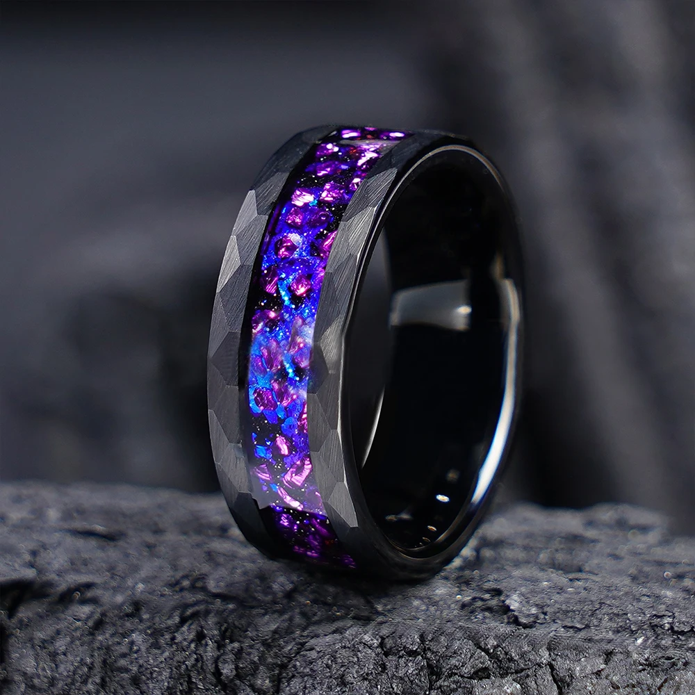 8mm Stainless Steel Ring Inlaid with Blue Galaxy Purple Gemstone Pattern Men Wedding Engagement Band Suitable for Daily Wear