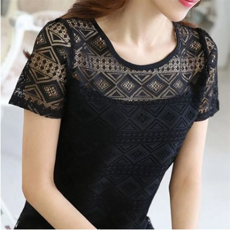 Women Blouse Lace Top O-Neck Short Sleeve Slim Female Tops Simple Solid Color Hollow Out Chiffon Shirt For Ladies Summer