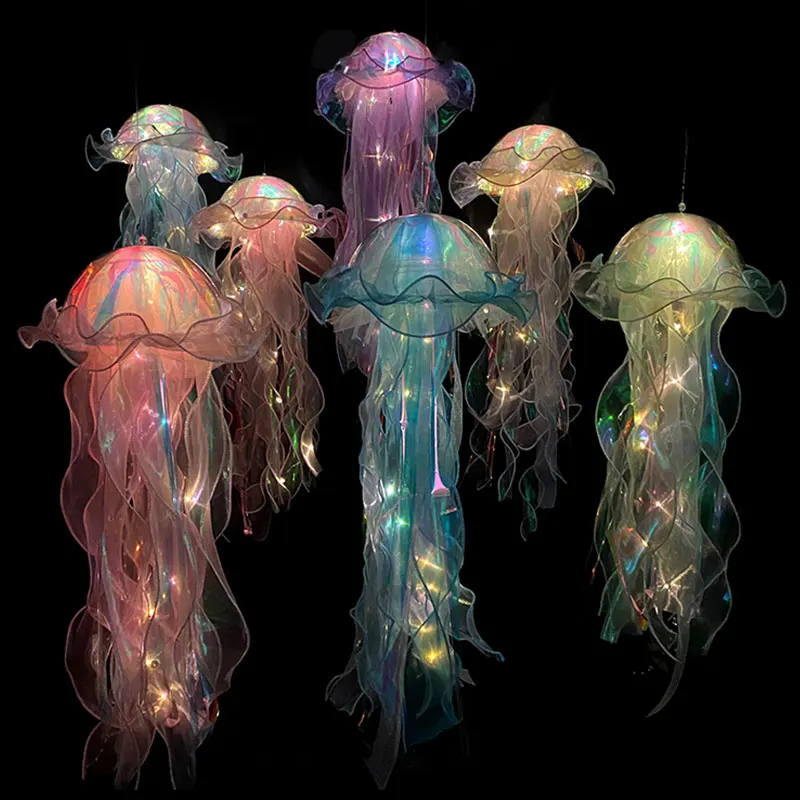 Lâmpada Jellyfish para crianças, lanterna portátil, quarto das crianças, luz da noite suspensa, sereia colorida, festa oceânica, decoração de casa