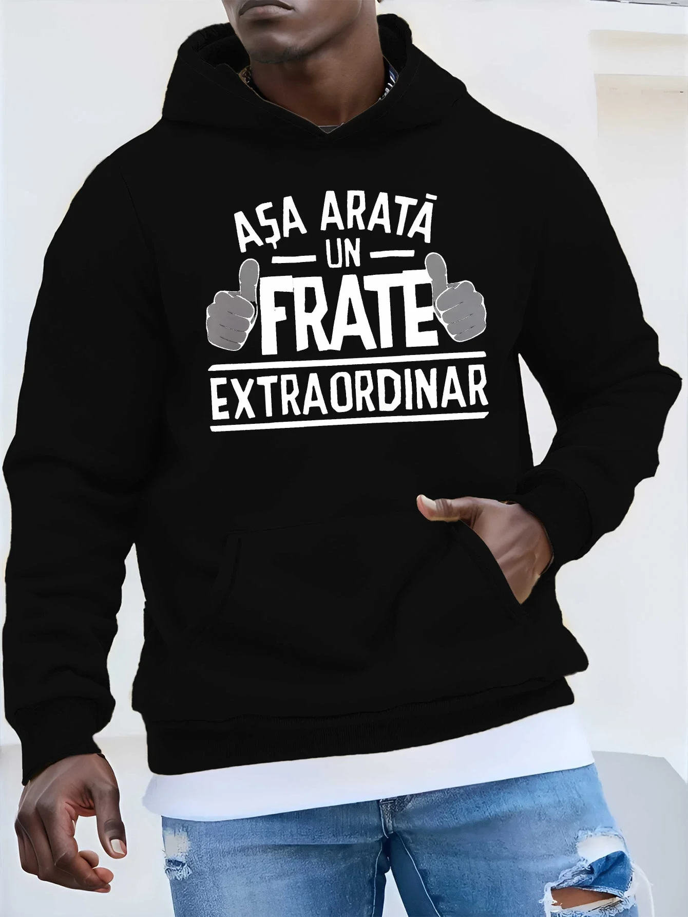 Men's fashionable Romanian proverbs hooded sweatshirt, with Romanian text printed on it, casual pullover shirt