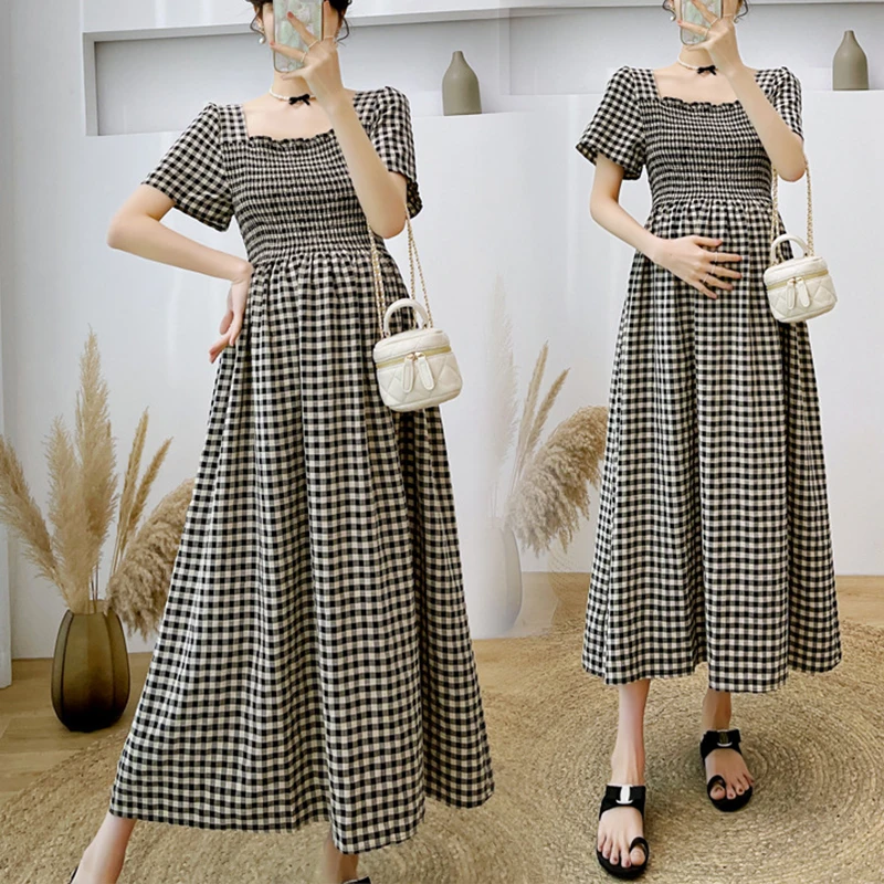 

Plaid High Waist Pregnant Woman Dress Short Sleeve O-Neck High Waist Loose Pregnancy A-Line Dress Plus Size Maternity Dresses