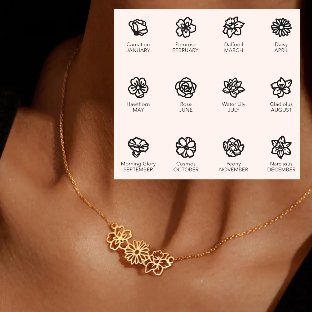 Custom Necklaces Birth Month Flower Stainless Steel Gold Chain Necklaces Personalized Necklaces for Women Birthday Gift Jewelry