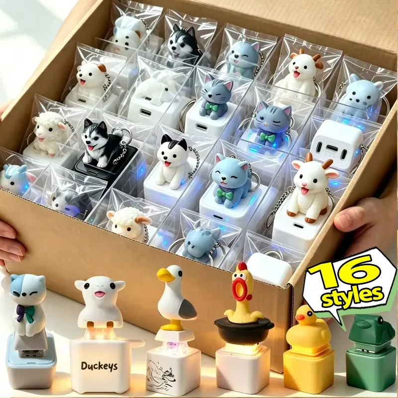 16types Cartoon Animal Button Keychain Portable-Clicky LED-Glowing Sounding Keyring for Adults Anti-Stress Rechargeable Keyring