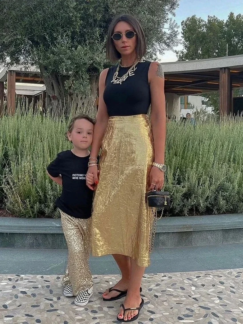 Fashion Slim Gold Women'S Skirt Elegant Chic High Waist Midi Skirts Streetwear Vintage Faldas Skirt Female Clothing