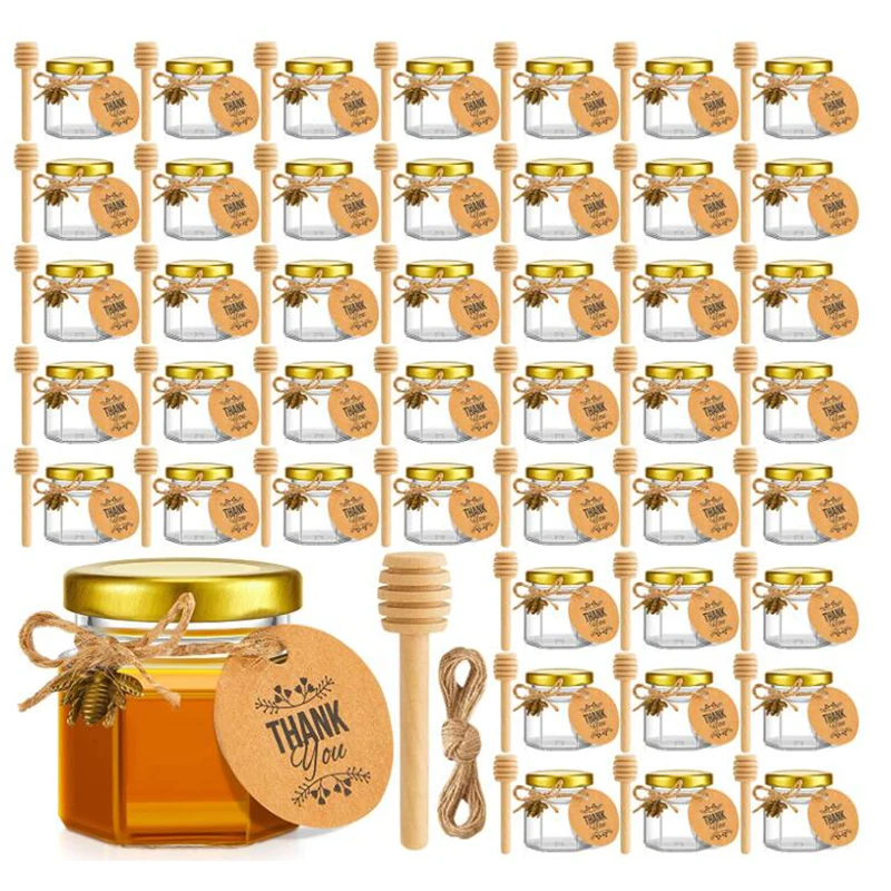 

60 Pack 1.5oz Glass Honey Jars Hex jars with dipper and bee charms Baby Shower Favors and Wedding Favors