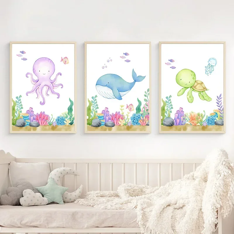 Multi-size 1PC frameless high-definition decorative paintings,Octopus Seahorse Whale Shark Turtle Crab Nordic Nursery Wall Art P