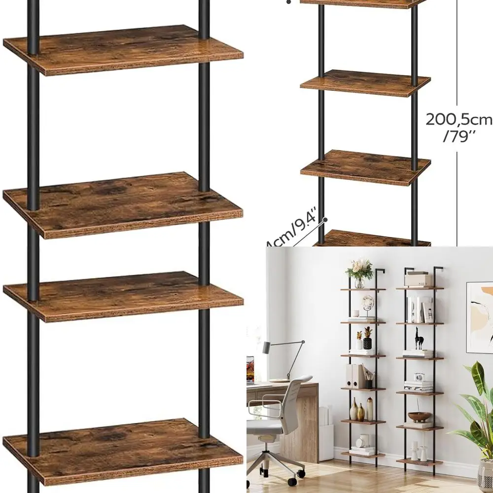 

DIY Ladder Shelf, 6-Tier Wooden Wall Mounted Bookshelf, Narrow Bookcase, Display Shelf, Storage Rack, Plant Stand, for Living Ro