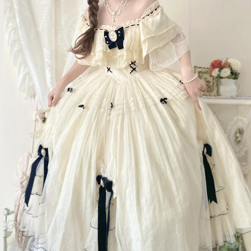 Vintage Elegant Lolita Dress Women 2023 Sweet Bow High Waist Fairy Party Dresses Summer Cosplay Costumes French Princess Dresses