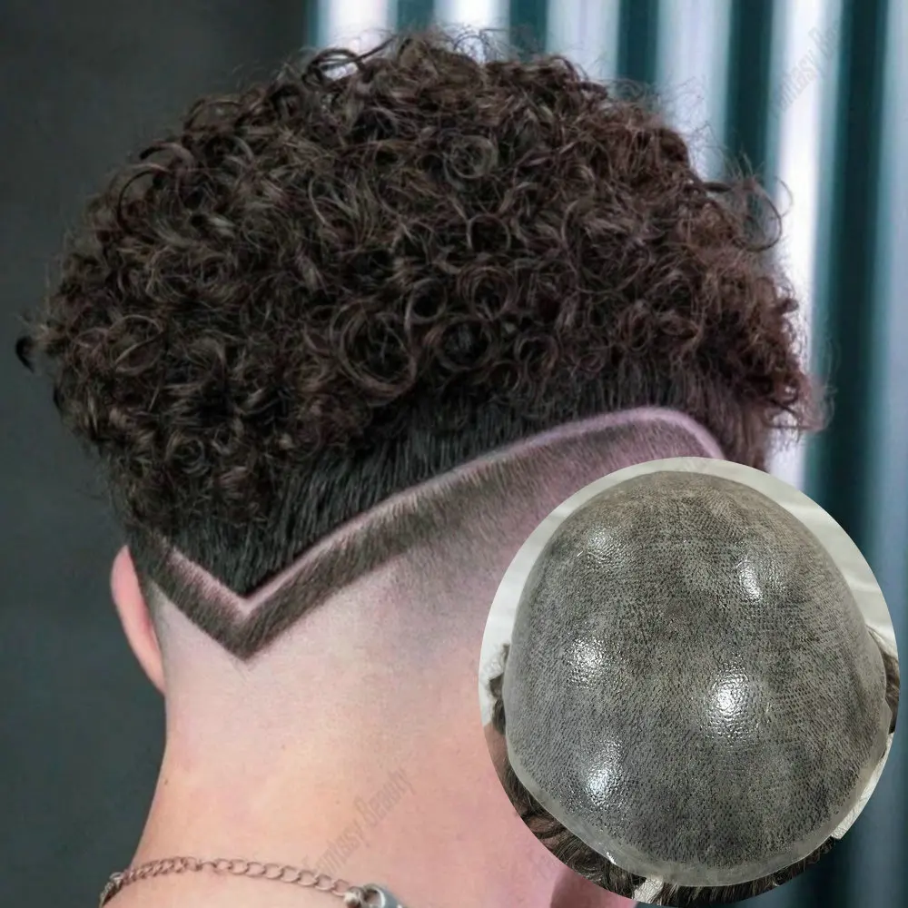 

15 мм афро мужские вьющиеся полная кожа серые, черные, коричневые человеческие волосы сменный парик капиллярный протез легкая установка для чернокожих мужчин