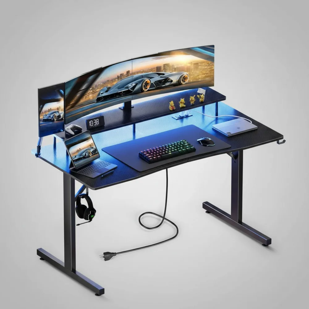

55 Inch Gaming Desk with LED Lights, USB Charging Ports & Monitor Stand - Ergonomic Computer Desk for Gamers & Home Office