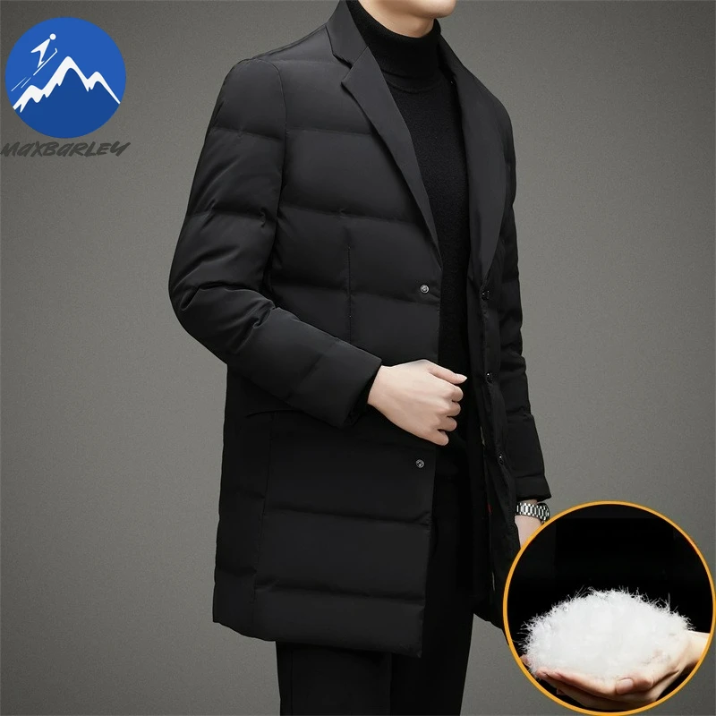 Maxbarley Mens Long Down Jacket Turndown Collar Outdoor Work Lightweight Puffer Jacket Casual Business Windproof Winter Parka