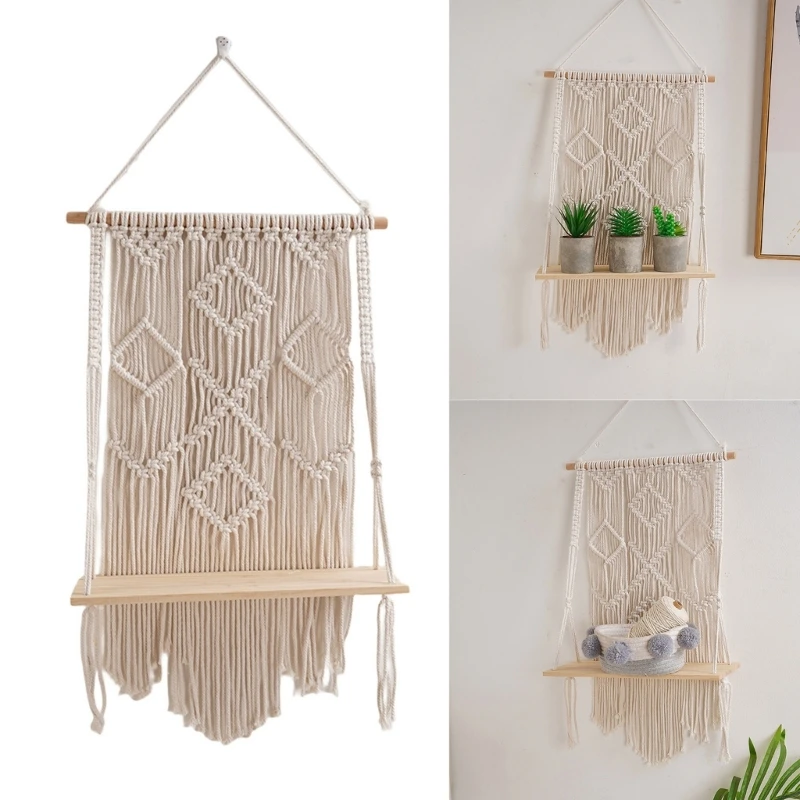 Functional Wood and Cotton Shelves Organizer Handwoven Fringes Hangings Organizer Space Saving Storage Rack 87HA