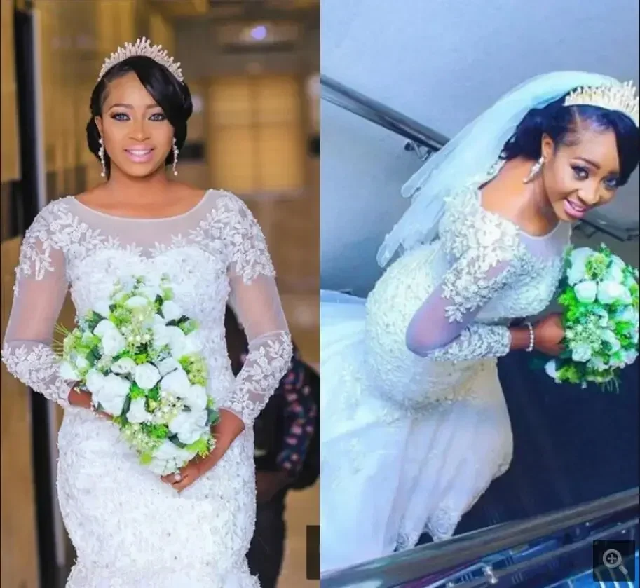 Suknia ślubna syrena w stylu południowoafrykańskim, biała, z koronkowymi aplikacjami z koralikami, długie rękawy, skromna suknia ślubna, czarna.