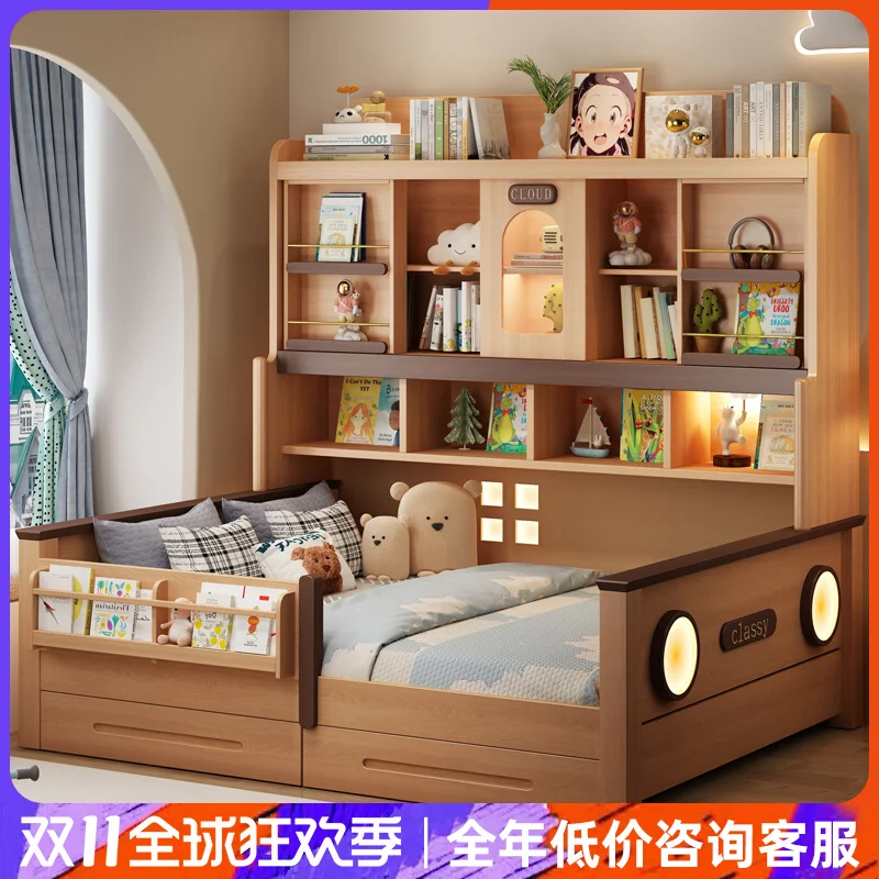 Log color solid wood children's bed boys and girls integrated bed space saving bed under table wardrobe integrated storage combi