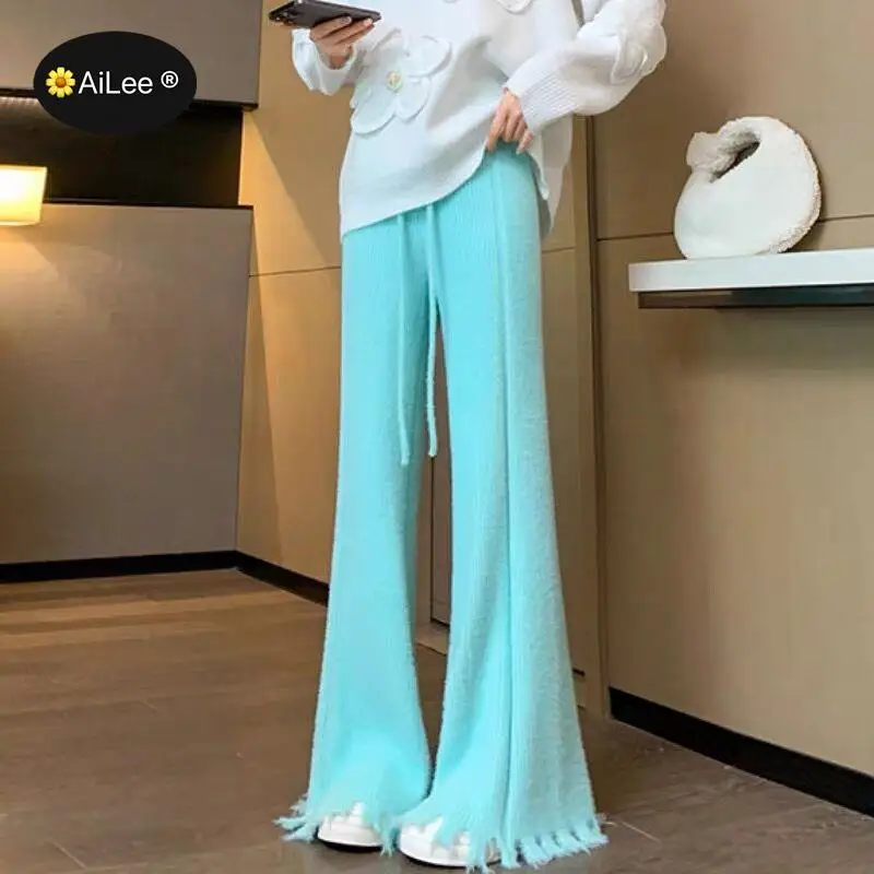 Newest Mink Velvet Winter Pants Women Flare Floor Length Tassel Cuffs Wide leg Trousers Lady Thick Warm Chic Korea Fashion Pants