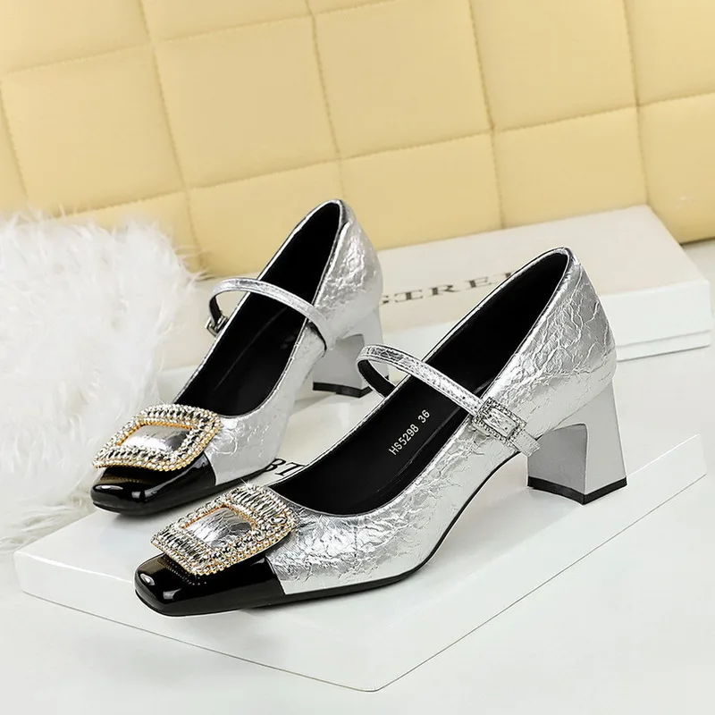 Meotina Women Pumps Genuine Leather Glove Shoes Square Toe Flats Crystal Lady Fashion Casual Shoes Spring Autumn Silver Black