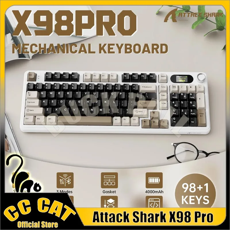 

ATTACK SHARK X98PRO Tri-mode Mechanical Keyboard with 1.5-inch TFT Screen & Knob Gasket 99Keys Customizable RGB Gaming Keyboard