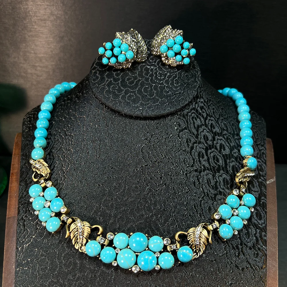

Vintage Natural Turquoise Necklace Earrings Elegant Woman Jewelry Set Dress Banquet Accessories High-Quality Original Design New