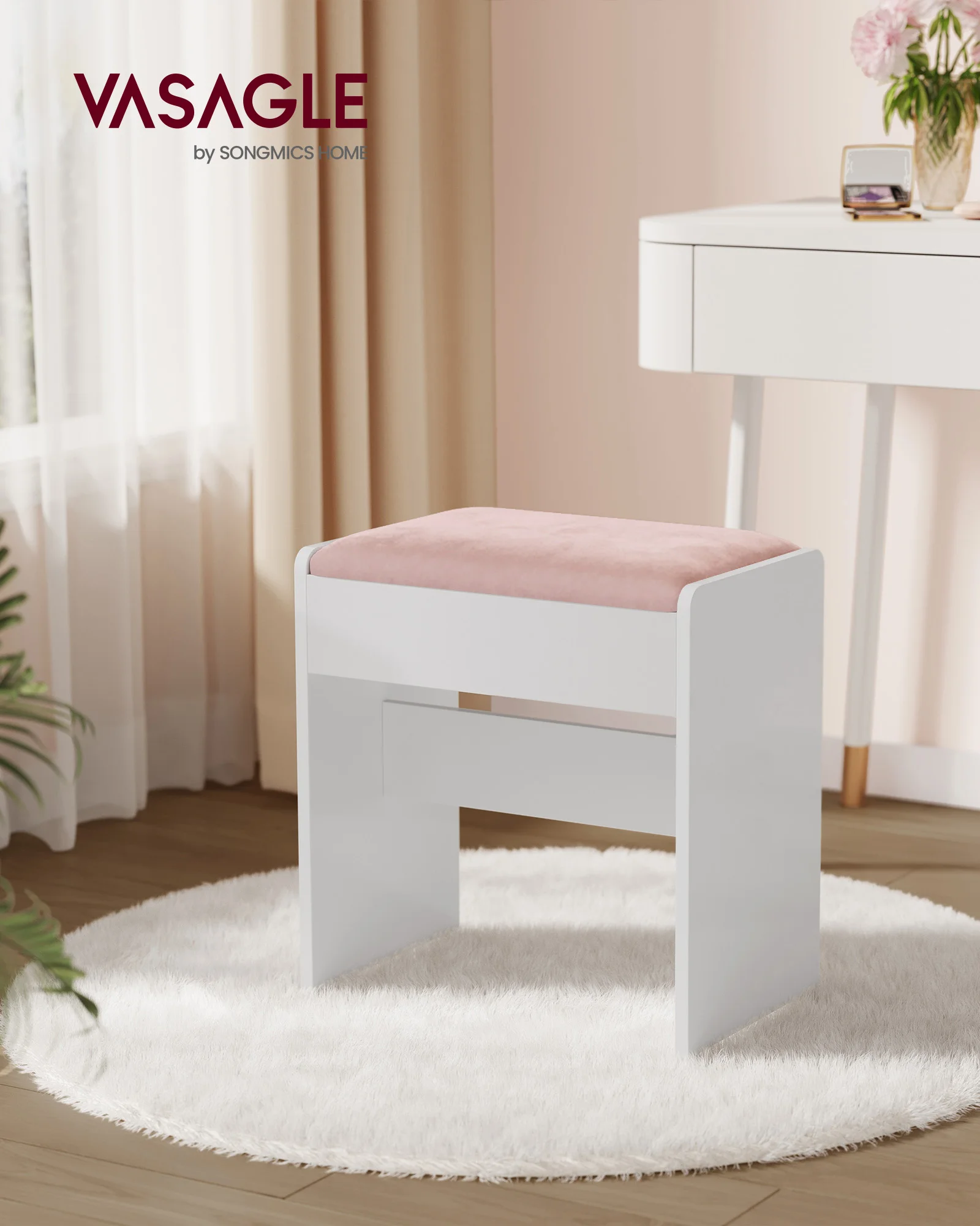 VASAGLE Vanity Stool: Velvet Upholstered Makeup Seat, Non-Slip Footrest, Dressing Room, Bedroom, Matte White & Jelly Pink