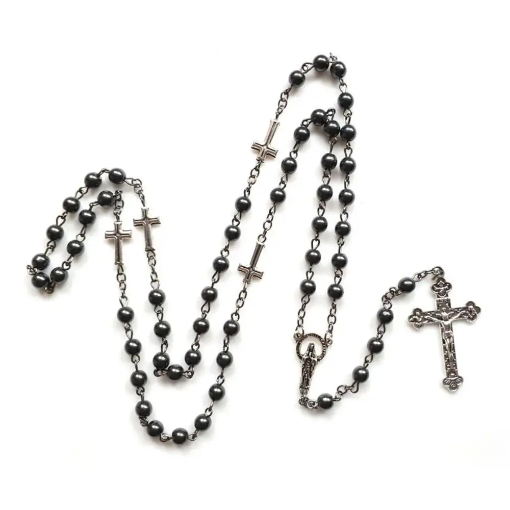 Volcanic Stone Cross Chain Vintage Long Black Gallstone Rosary Necklace Our Lady Catholic Crucifix Pendant Chain Church