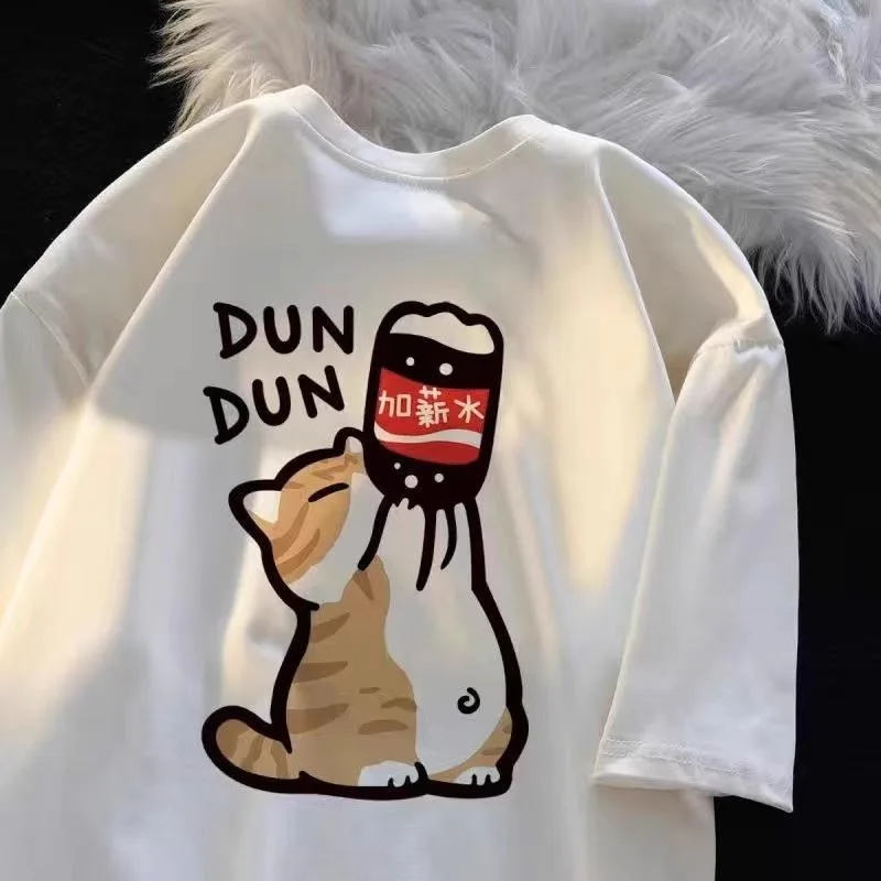 

Y2k Streetwear funny summer retro trend cartoon kitten print T-shirt, men and women loose design lovers casual short sleeved