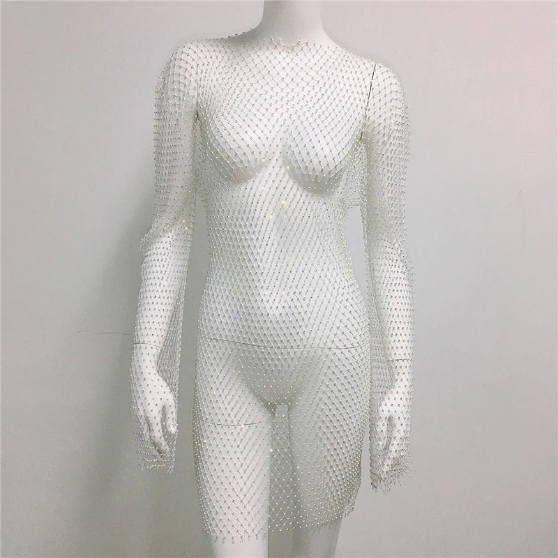 Glänzende Strass Grid Fishnet Kleid Langarm V-ausschnitt Aushöhlen Urlaub Kleid Sexy Strand Cover Up Atmungsaktive Dame Vestidos – Detail 6