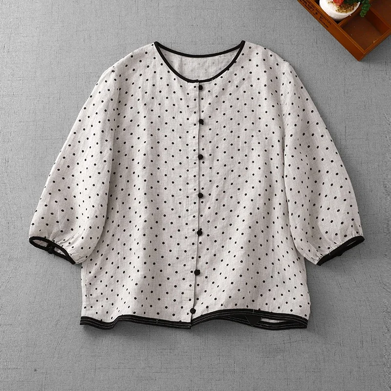 

2025 New Summer Polka Dot Cotton Linen Blouse Women Chinese Style Casual Three Quarter Sleeve Female Tops Fashion Womens Shirt