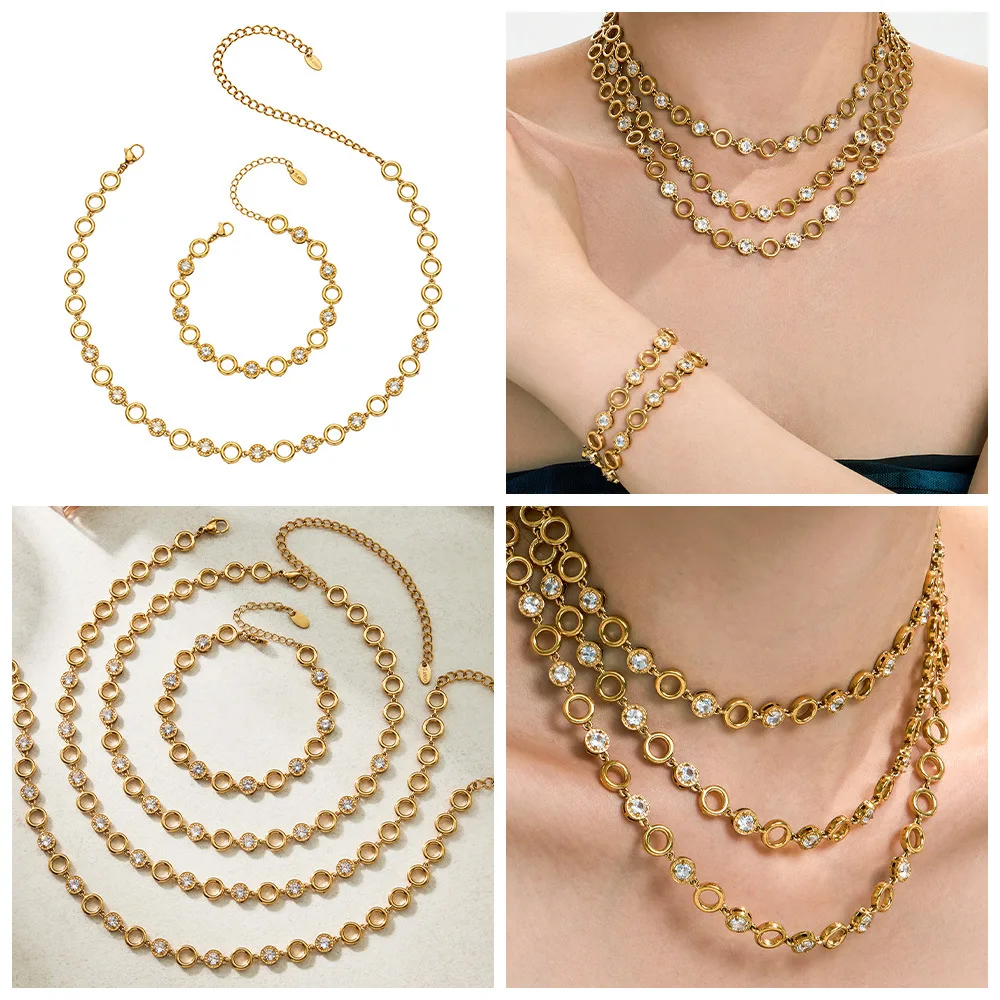 316L Edelstahl Halsketten- und Armband-Set mit Krappenfassung Zirkon für Damen Wasserdichter Ring Kette Glänzender Grenzübergreifender Schmuck – Detail 1