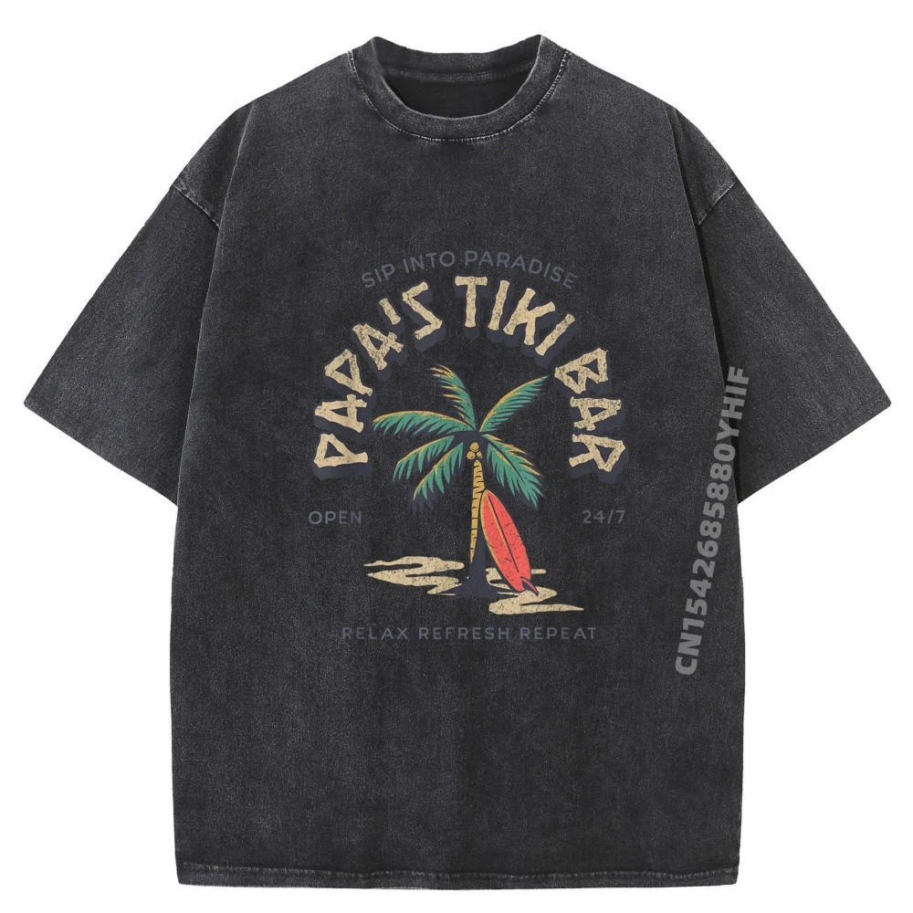 

Papa Is Tiki Bar Surfboard Dad Palm Tree Beach Funny Plus Size Men Clothing Streetwear Washed Shirt Mens Soft Tops