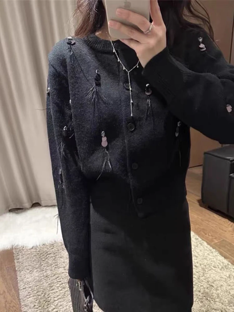 Luxury Women Beaded Sequins Knitted Cardigan Fall Clothes 2024 New Korean Temperament Feather Tassel Chic Sweater For Women Tops