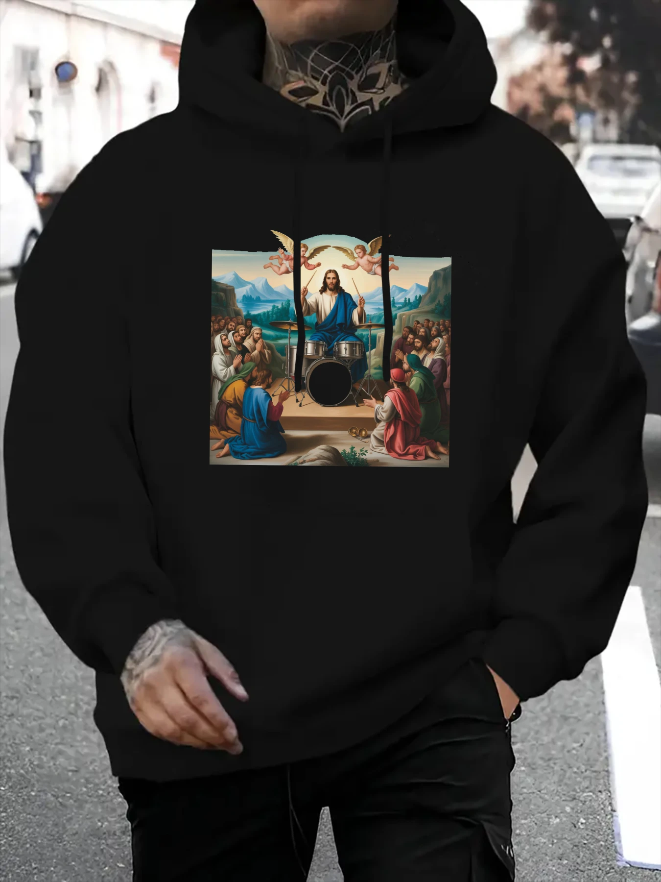 Men's White Renaissance Jesus Last Supper Art Print Hoodie - Full-Back Graphic Pullover Sweatshirt w