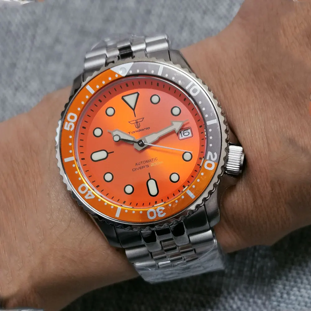 Tandorio 41mm Luxury 200M Waterproof Automatic Watch for Men NH35 3.8 Crown Sunburst Orange Dial Diving Clock Steel Bracelet SKX