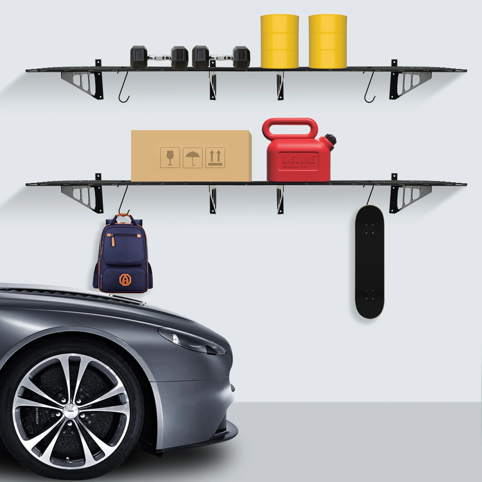 

Heavy-Duty Steel Wire Garage Shelving 2-Pack Wall-Mounted Storage Rack with 4×33lbs Hooks (Black, 72×24in Space-Saving System)​