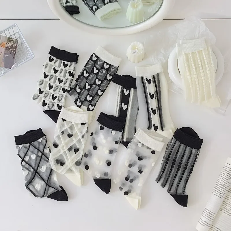 Fashion pointed Crystal Silk Socks Ultra-thin Harajuku Retro Crew Socks 3D Sexy Lace Mesh Fishnet Transparent Woman Sock Summer