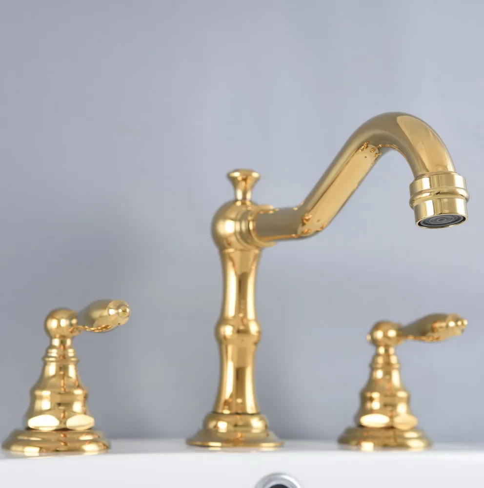 

Gold Color Brass Widespread Dual Handle Bathroom Washing Basin Mixer Taps Deck Mounted 3 Holes Lavatory Sink Faucet anf984