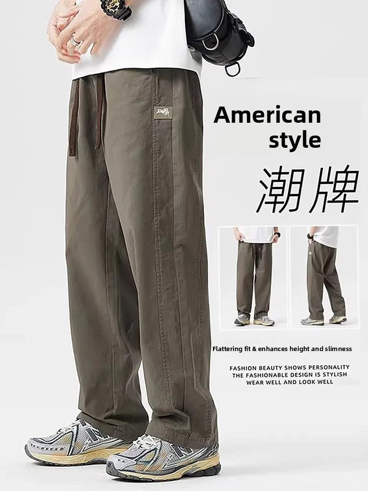 

Гонконгские модные брендовые мужские повседневные брюки из чистого хлопка, прямые брюки, свободный крой, американские ретро-осенние новые дышащие удобные брюки...