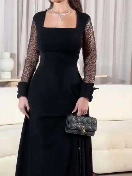 여성용 이브닝 프롬 맥시 드레스 여름 가을 2025 스퀘어넥 시스루 긴팔 연회 칵테일 파티 드레스