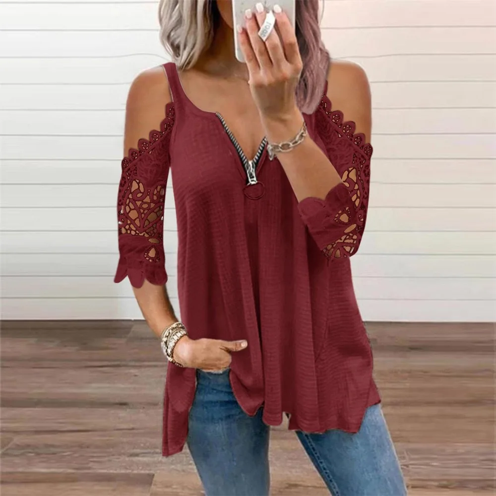 White Lace Patchwork Shirts Women Sexy Hollow Out Half Sleeve Blouse Female Elegant Fashion Casual Single Breasted Shirt Tops