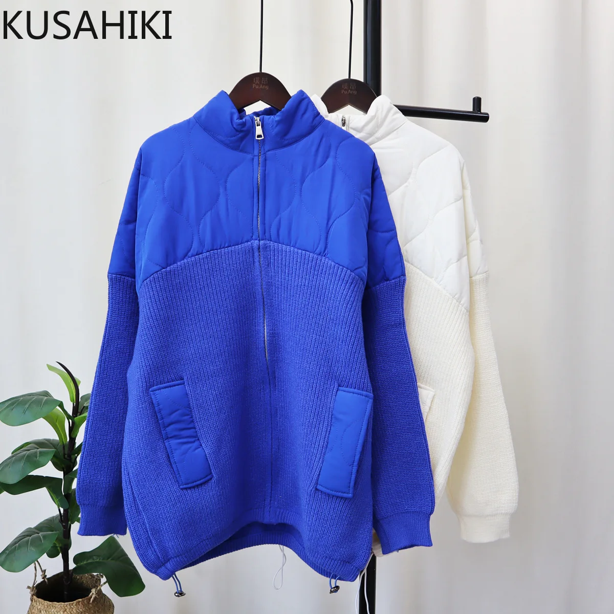 KUSAHIKI 2023 Autumn Winter New Korean Causal Knitted Patchwork Parkas Fashion Stand Neck Zipper Long Sleeve Parka Coat Women