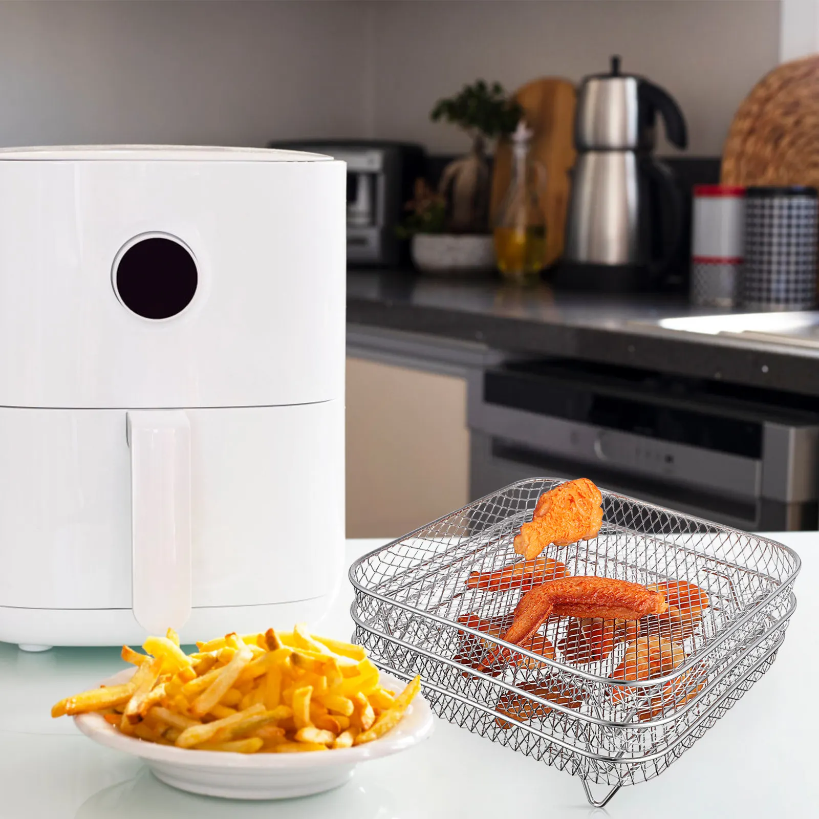 

3Pcs Food Grade Stainless Steel Air Fryer Racks Hollow Mesh Dehydrator Racks Easy Clean Sturdy Tower Design Air Fryer