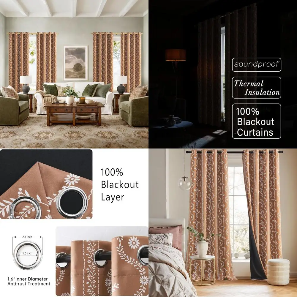 

108 Inch Terracotta Boho Style Blackout Curtains, Soundproof Grommet Drapes for Living Room and Bedroom, 2 Panels Set