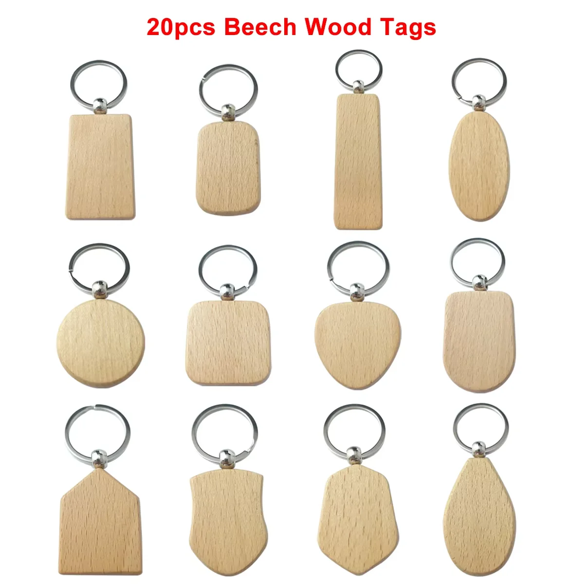 20pcs Blank Beech Wood Tags Natural Wooden Geometric Keyring  Used For Laser Engraving Machine DIY Carving Pet Tag/Family Craft