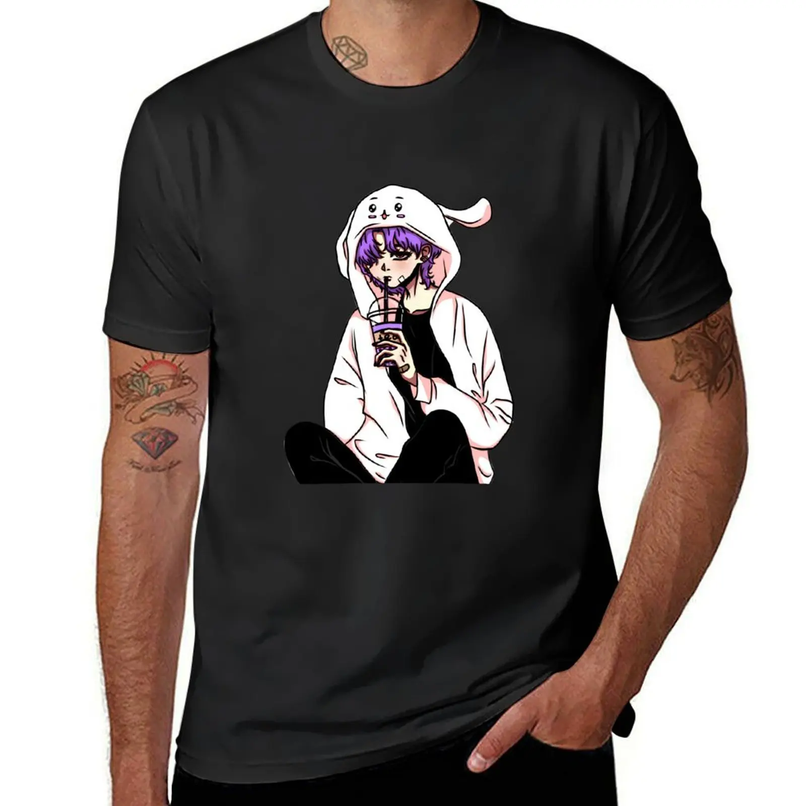 

Anime guy with a drink in his hand and with rabbit ears on his hood. A plaster is stuck on his face. T-Shirt