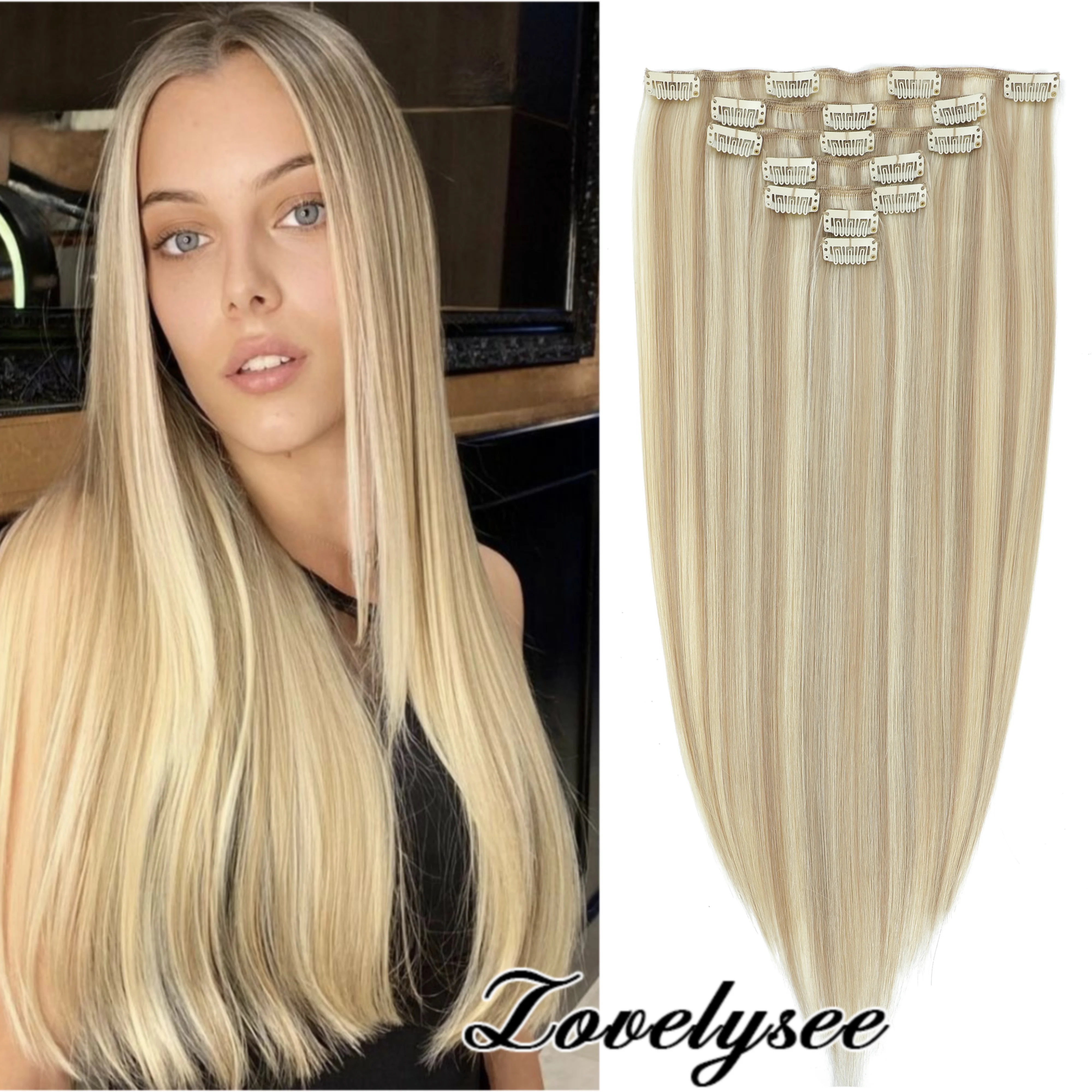 Natural Blonde Highlights Clip in Extensions, Lovelysee Long Straight Hairpieces, Secure Clips for All-Day Comfort