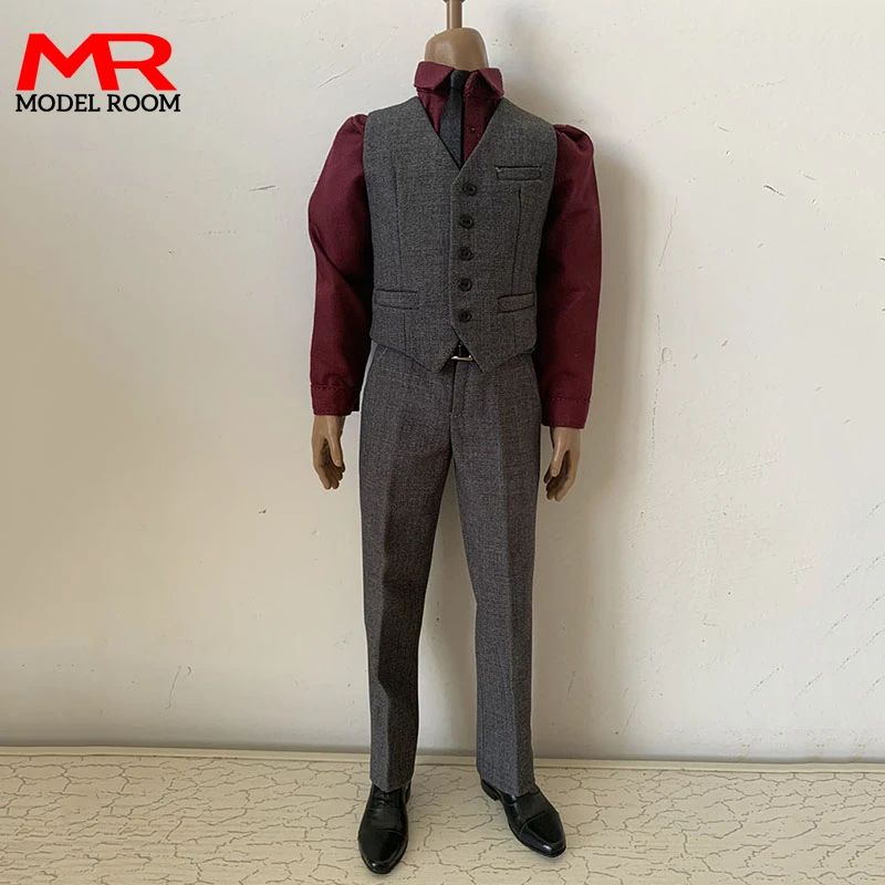 Toy center 1/6 Scale Male Gray Vest Pants Red Shirt Tie Shoes Set Soldier Clothes Model Fit 12'' Narrow Shoulder Action Figure